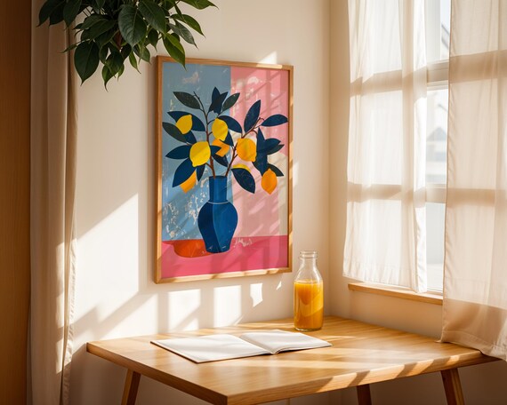 Lemons And Oranges In Blue Vase Colorful Citrus Kitchen Art Print
