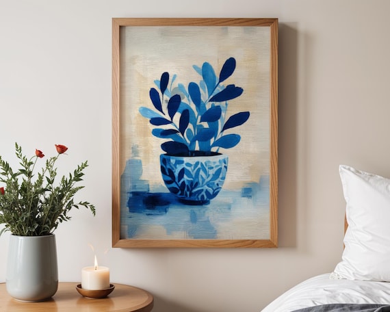Blue Botanical Plant Still Life Matisse Style Abstract Art Poster