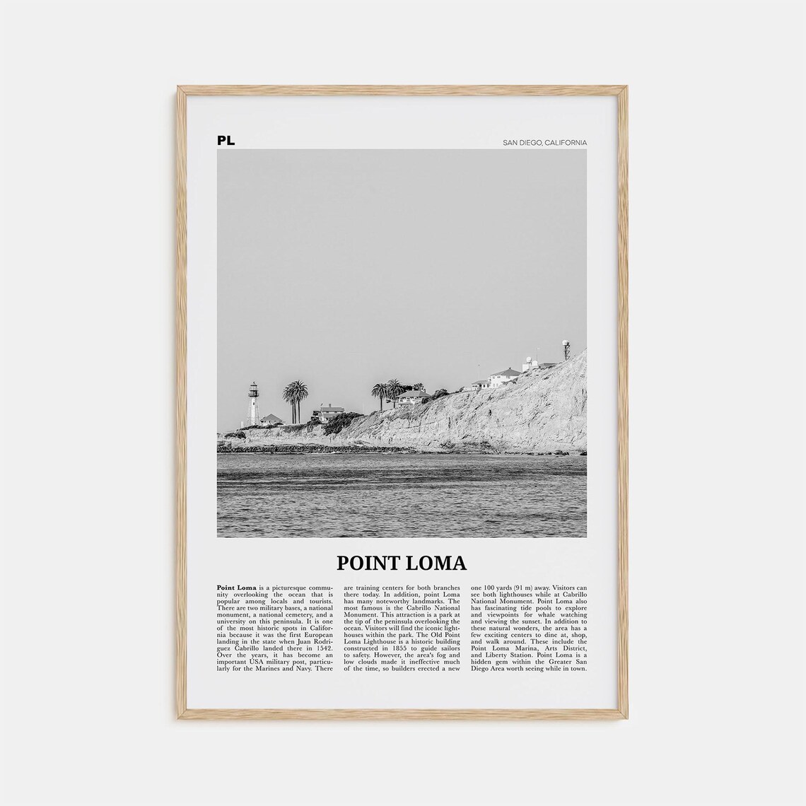 Point Loma Black and White Travel Poster, San Diego