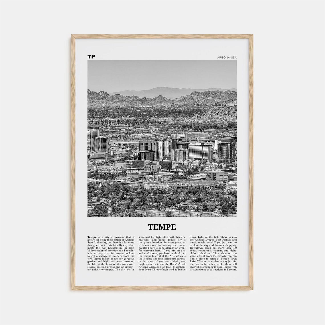 Tempe Black and White Travel Poster, Arizona USA