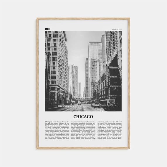 Chicago Black and White Travel Poster, Illinois USA
