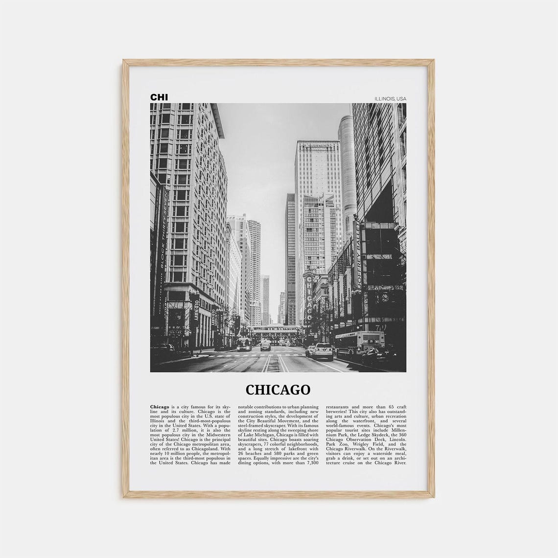 Chicago Black and White Travel Poster, Illinois USA