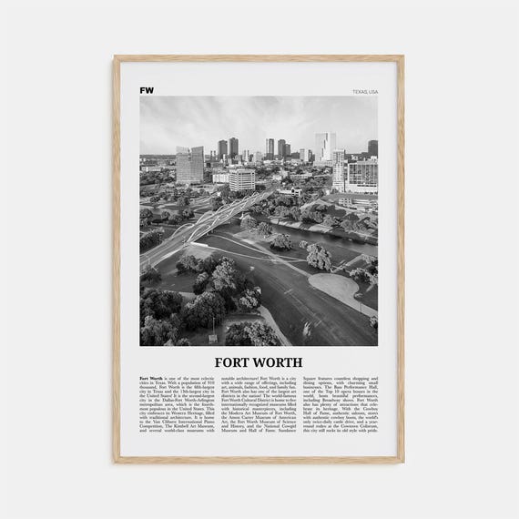 Fort Worth Black and White Travel Poster, Texas USA