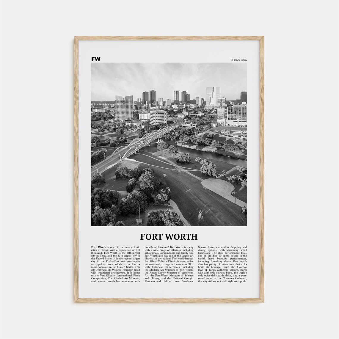 Fort Worth Black and White Travel Poster, Texas USA