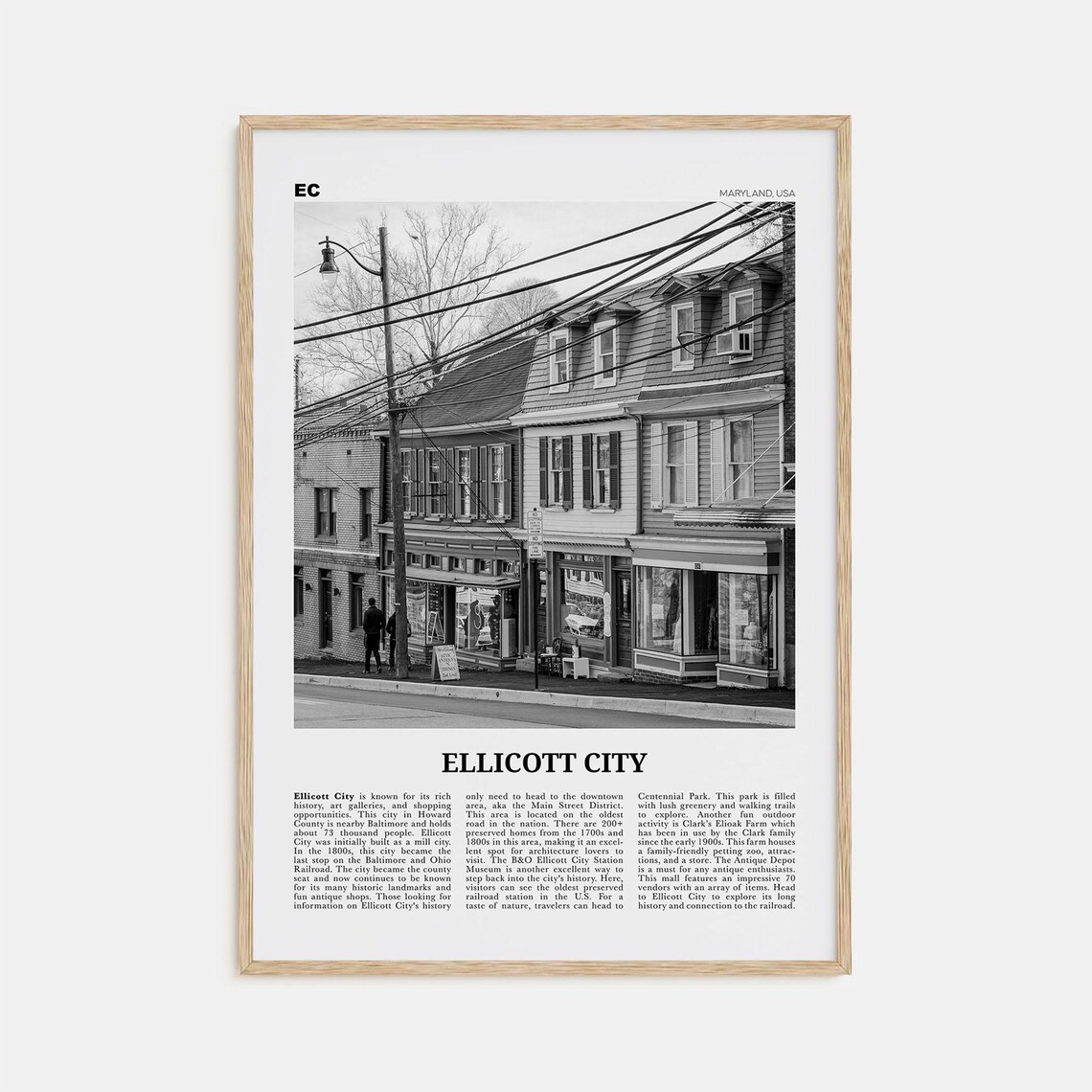Ellicott City, Maryland Black and White Travel Poster