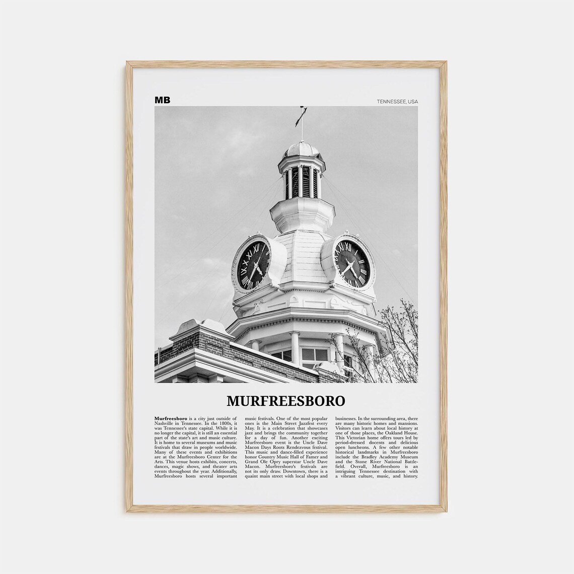 Murfreesboro Black and White Travel Poster, Tennessee