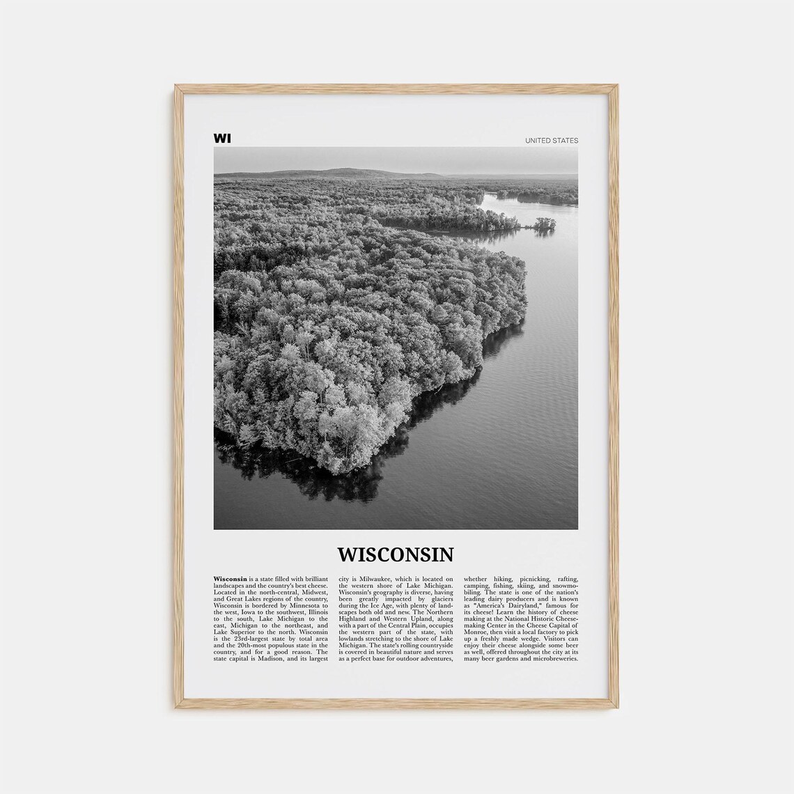 Wisconsin Black And White Travel Poster, USA Map