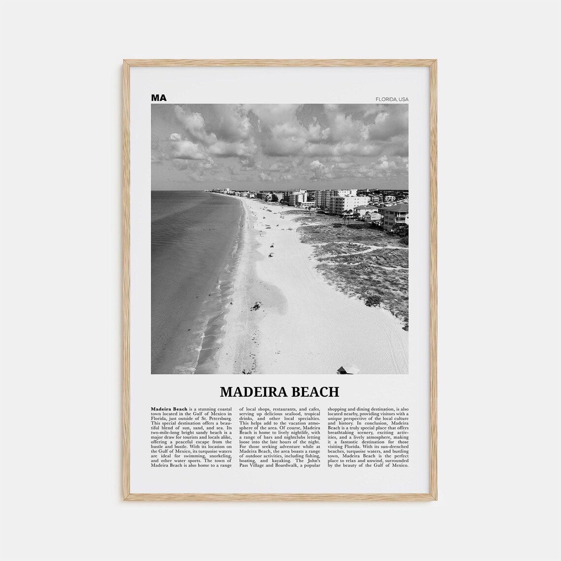 Madeira Beach Black and White Map Travel Art Print
