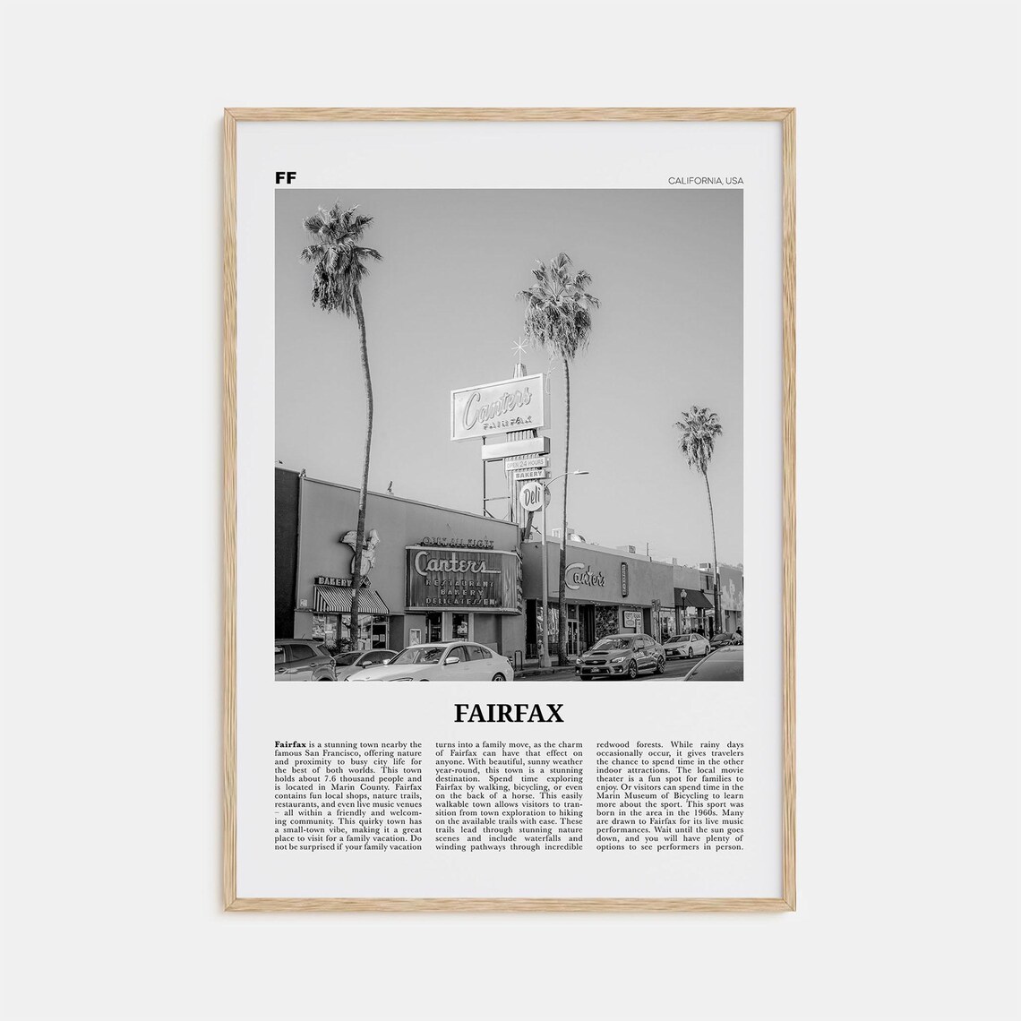 Fairfax, California Black and White Travel Poster