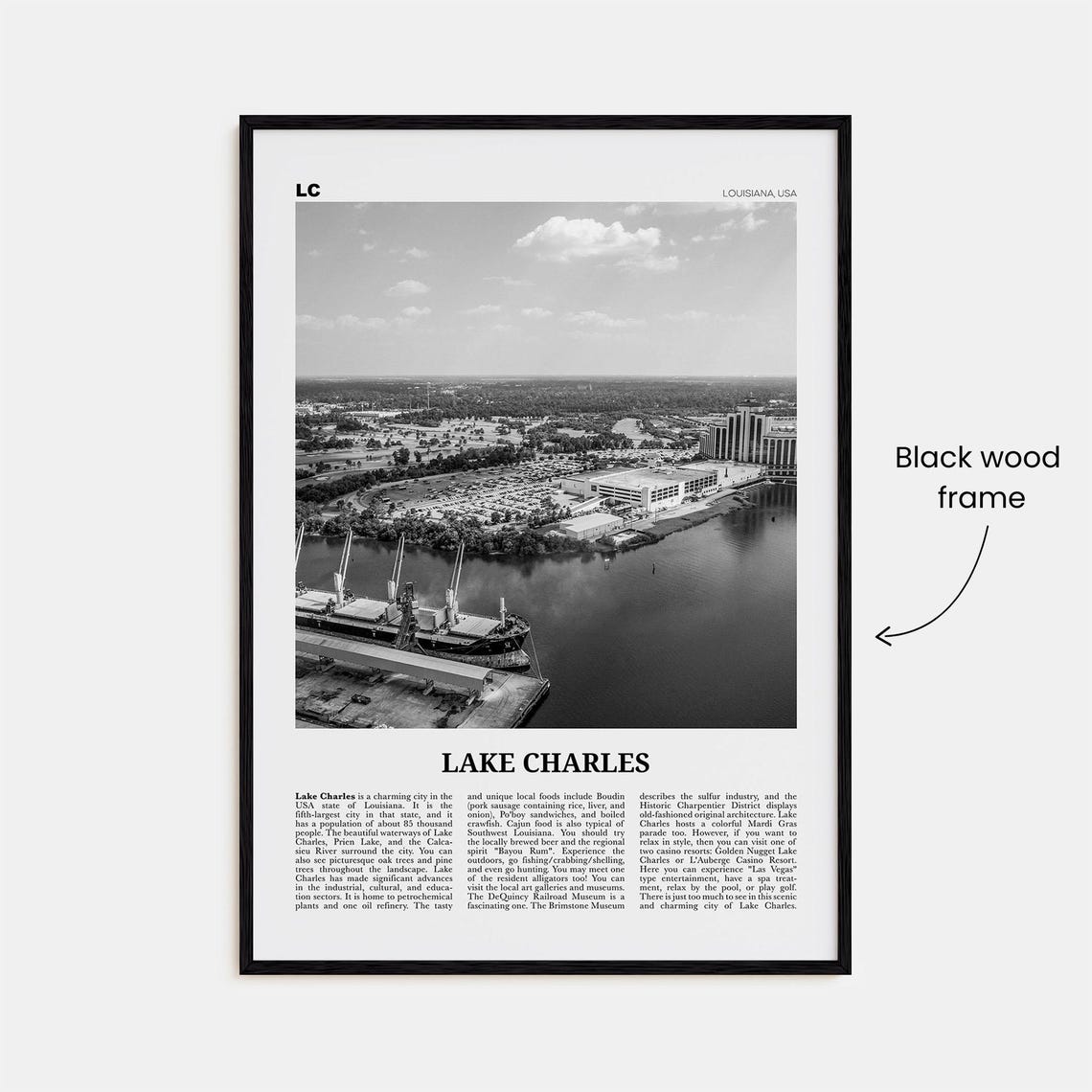 Lake Charles Print Black And White Lake Charles Wall Art Lake Charles Poster Lake Charles Photo Lake Charles Map Louisiana Usa - Image 3