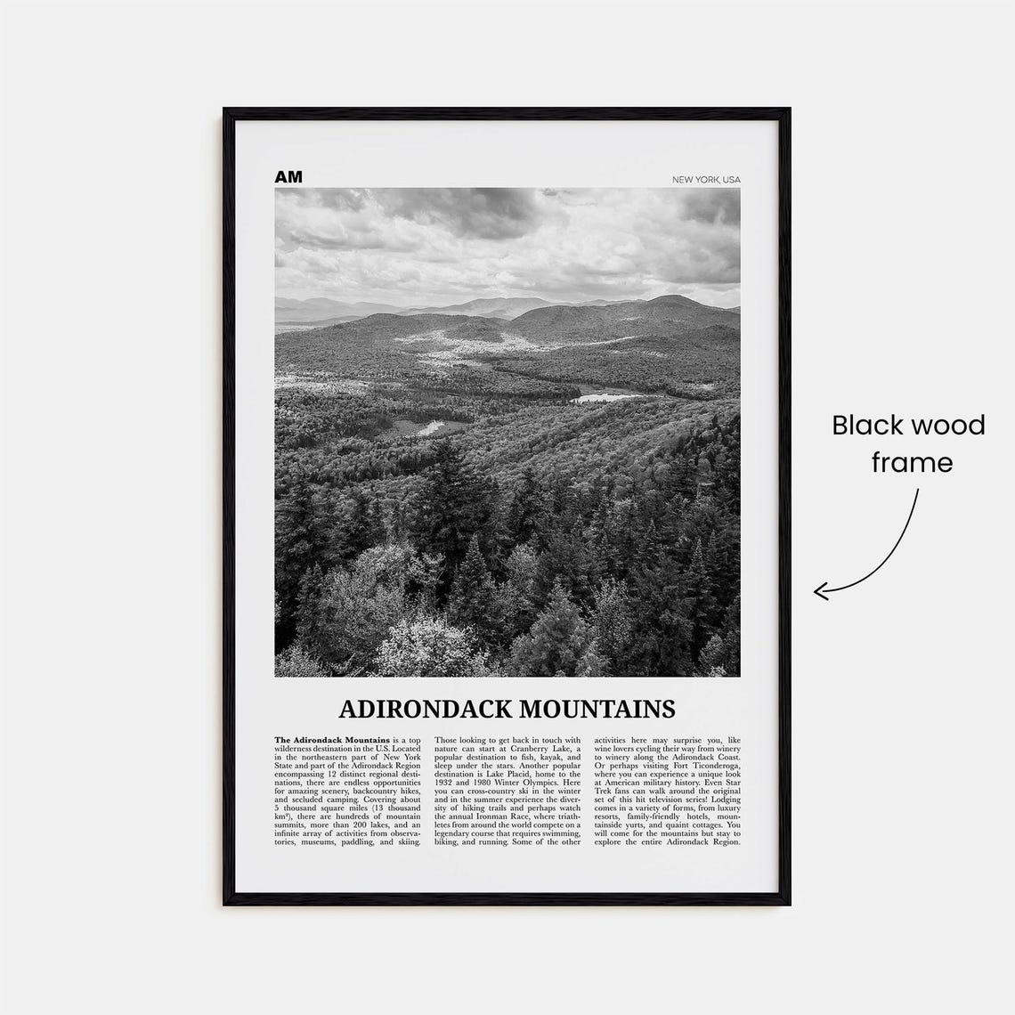 Adirondack Mountains Black and White Travel Poster - Image 3