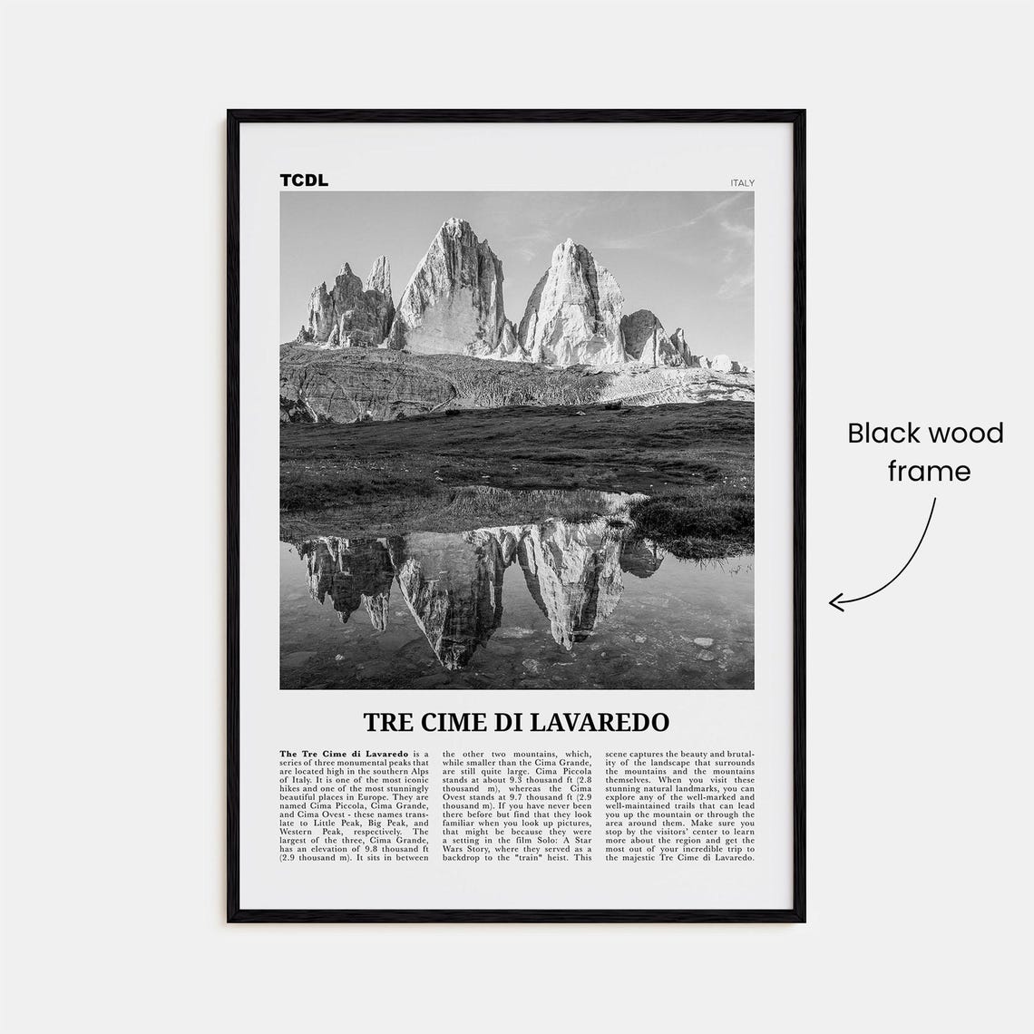 Tre Cime Di Lavaredo Black And White Travel Poster - Image 3