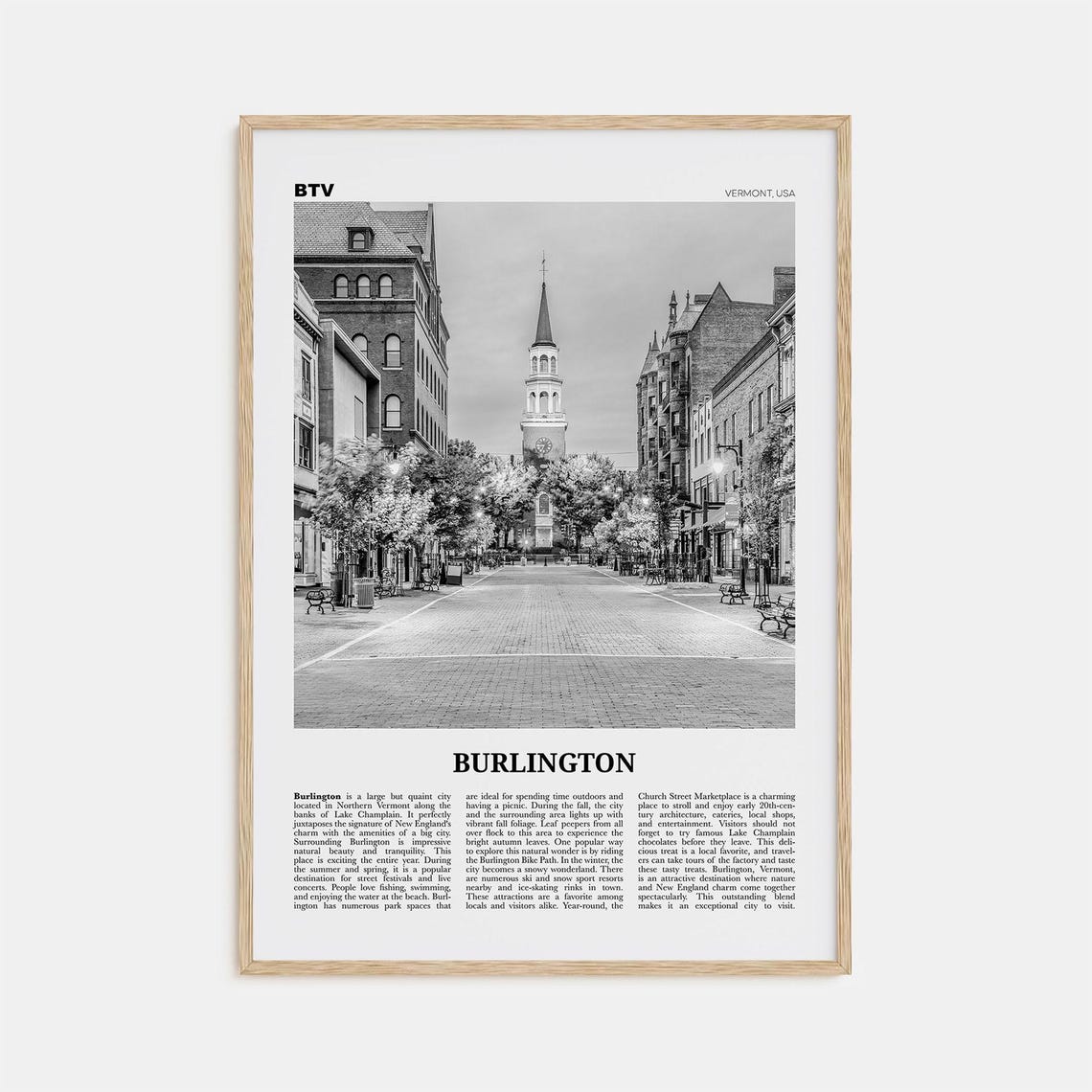 Burlington, Vermont Black and White Travel Poster
