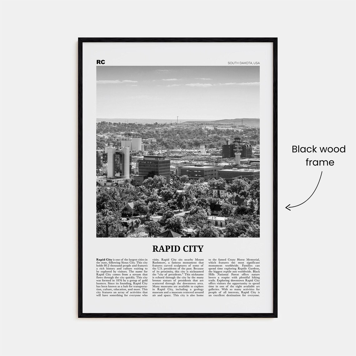 Rapid City Print Black And White Rapid City Wall Art Rapid City Poster Rapid City Photo Rapid City Wall Dcor South Dakota Usa - Image 3