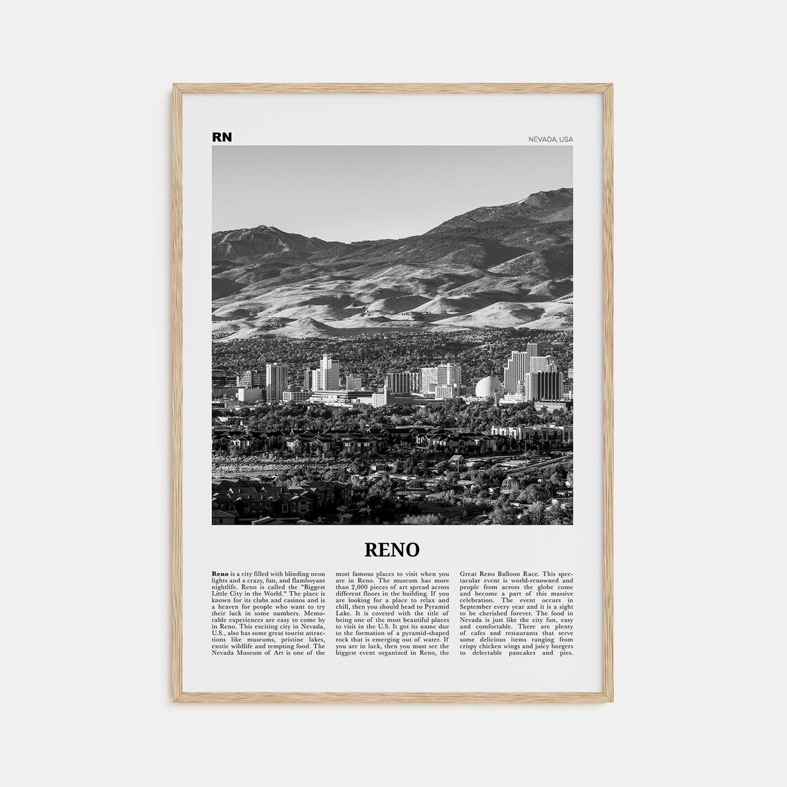 Reno Black and White Travel Poster, Nevada USA