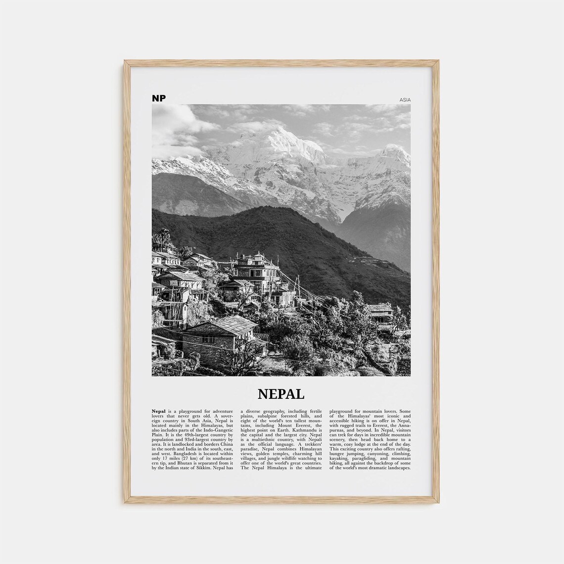 Nepal Black and White Travel Poster, Kathmandu Asia