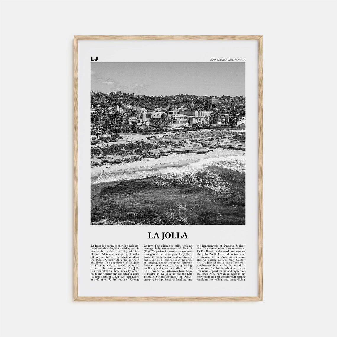 La Jolla Black and White Travel Poster, San Diego