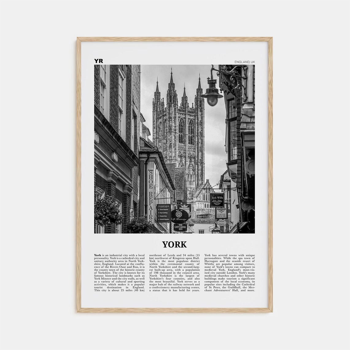 York Black and White Travel Poster, England UK