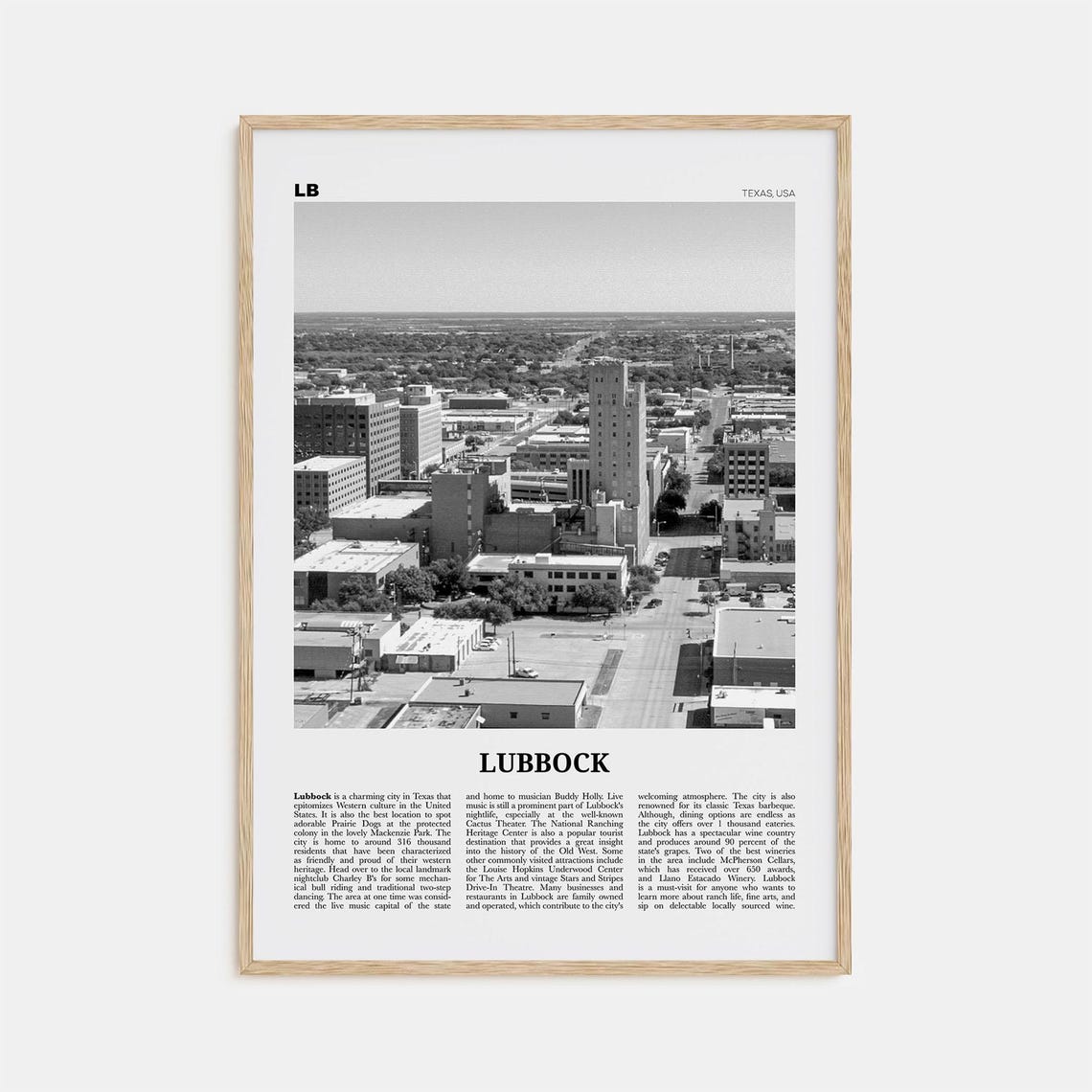 Lubbock Black and White Travel Poster, Texas USA