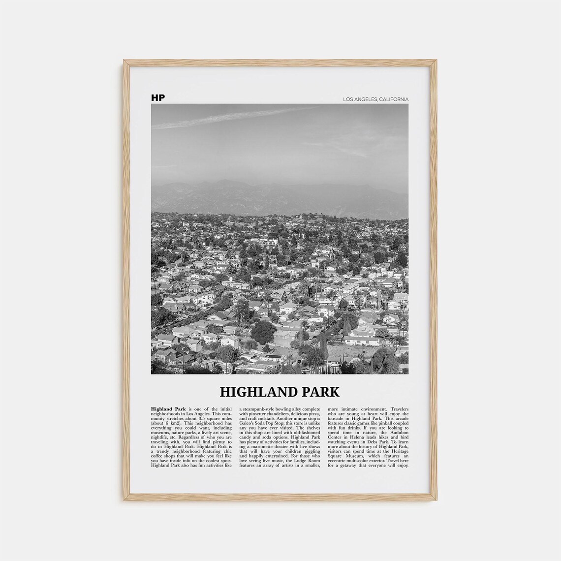 Highland Park, Los Angeles Black And White Travel Poster