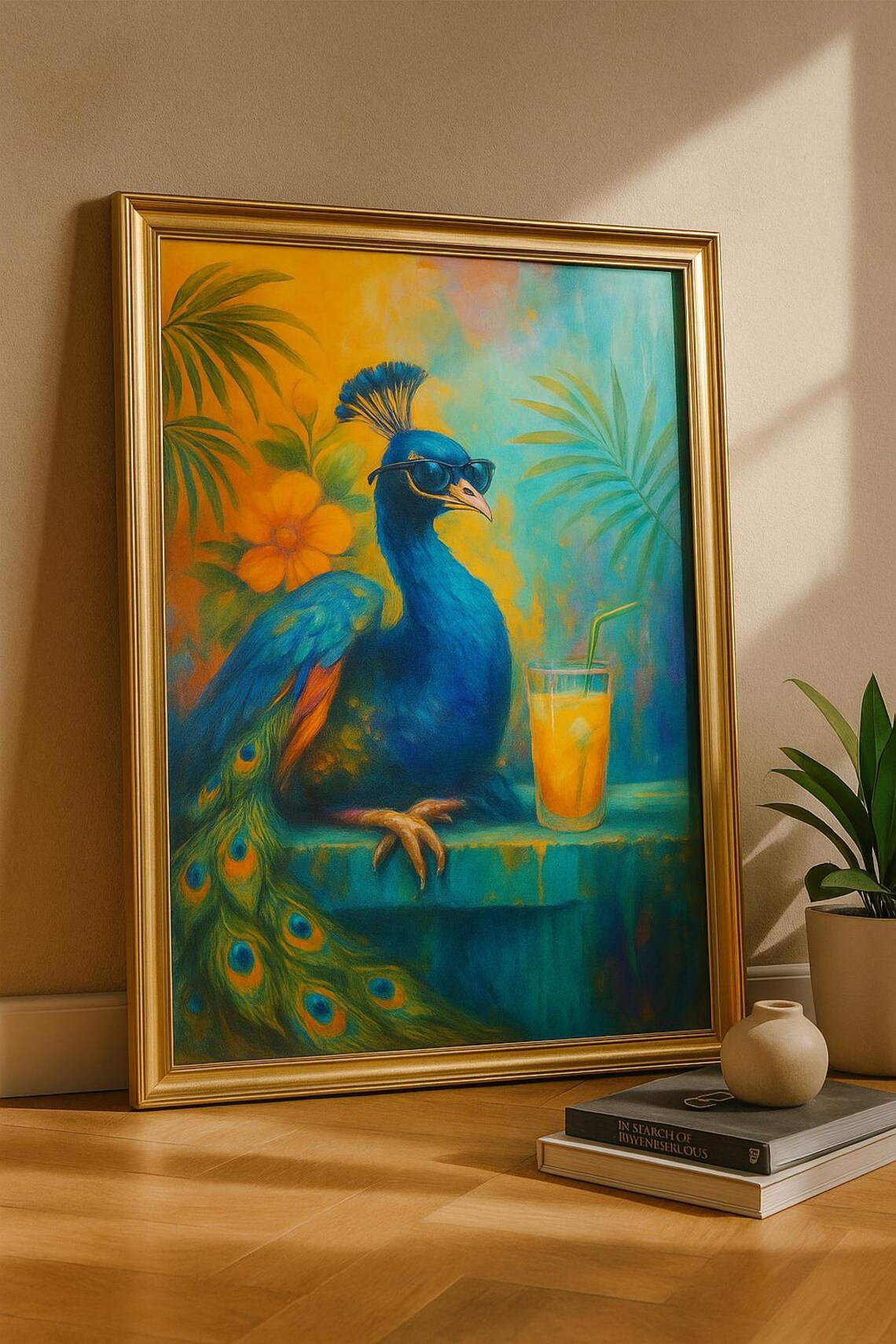 Peacock Wearing Sunglasses Tropical Cocktail Funny Poster for Bright Rooms
