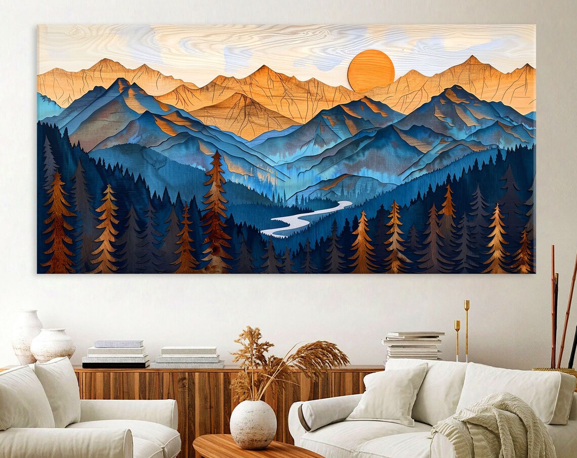 Blue Orange Layered Mountain Peaks Sun Pines Wood Grain Art Poster