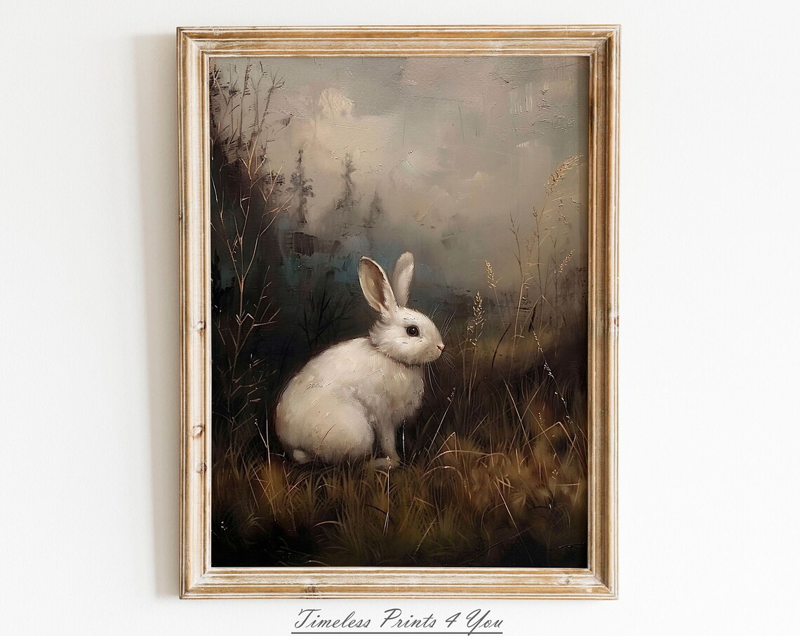 White Rabbit in Golden Grass Field Moody Vintage Bunny Painting Print