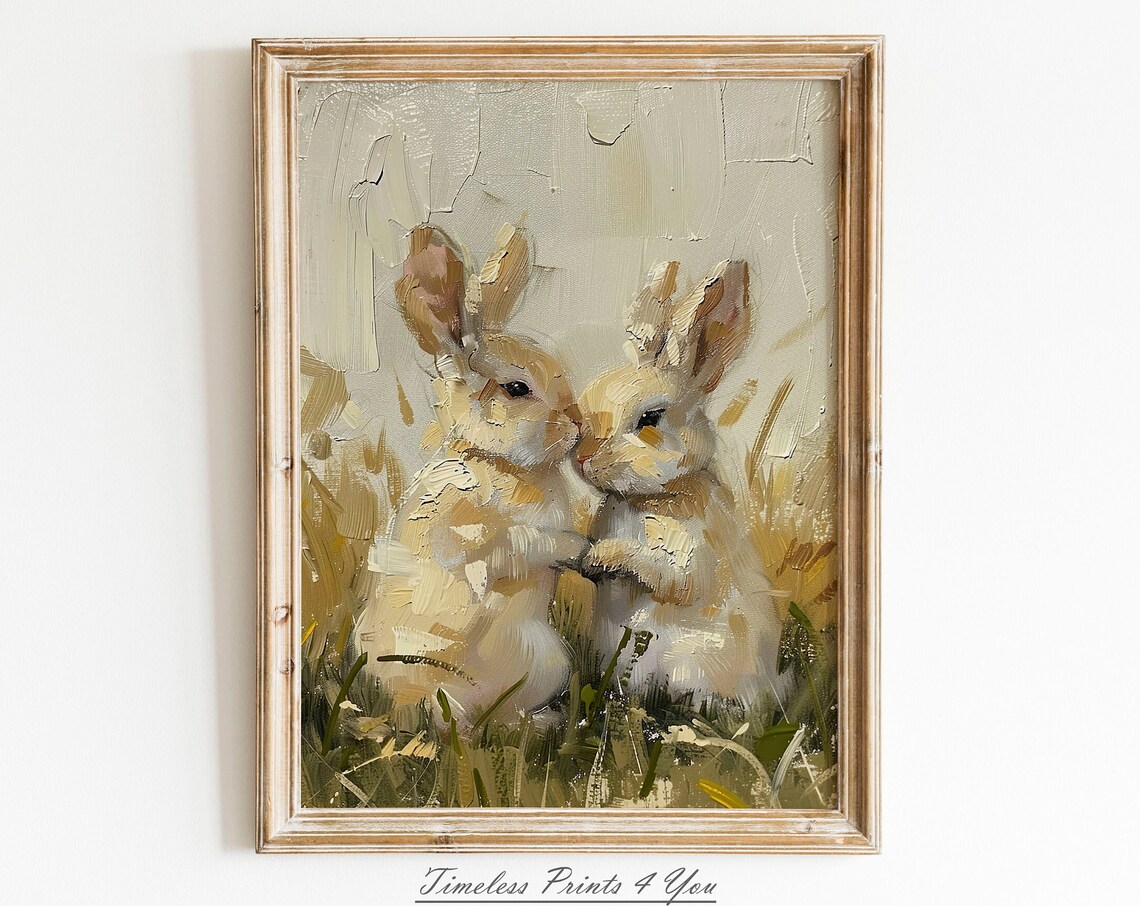Two Cute Cream Bunnies Impressionist Oil Painting Spring Poster