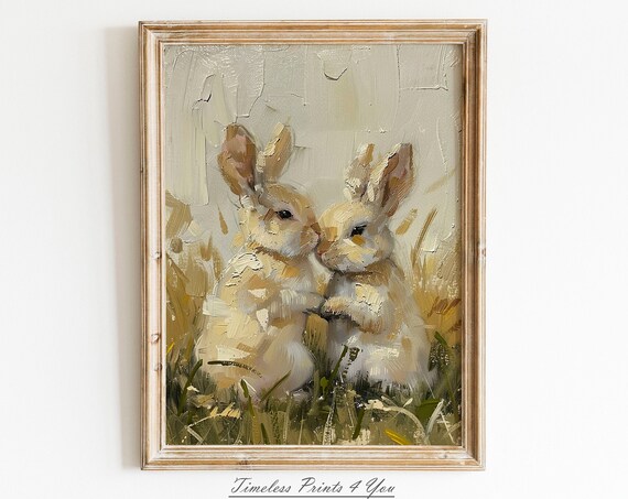Two Cute Cream Bunnies Impressionist Oil Painting Spring Poster