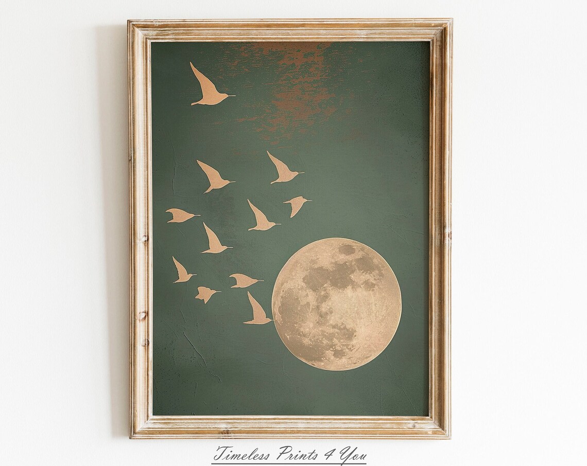Eleven Golden Birds Full Moon Night Sky Vintage Green Wall Poster