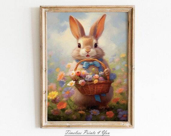 Easter Bunny Flower Basket Watercolor Spring Nursery Decor Poster