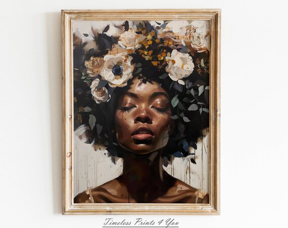Elegant Black Woman Floral Crown Oil Painting Portrait Poster