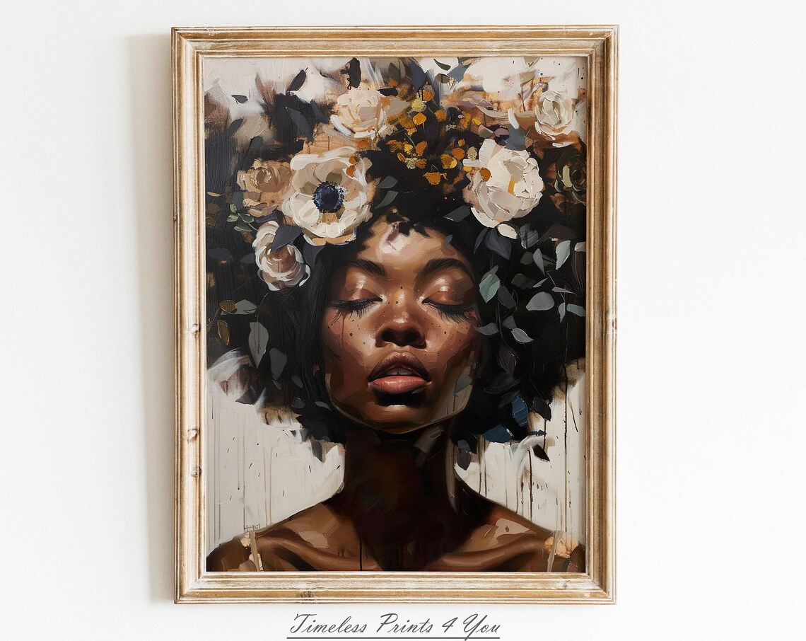 Elegant Black Woman Floral Crown Oil Painting Portrait Poster