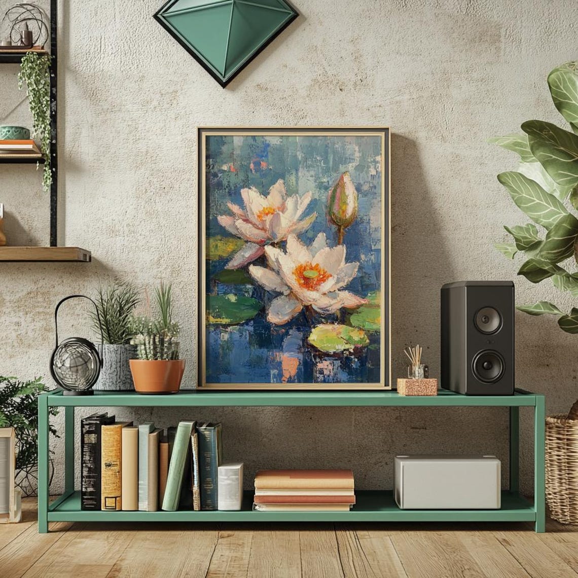 Impressionist Water Lilies Pond Impasto Oil Blue Floral Poster - Image 3