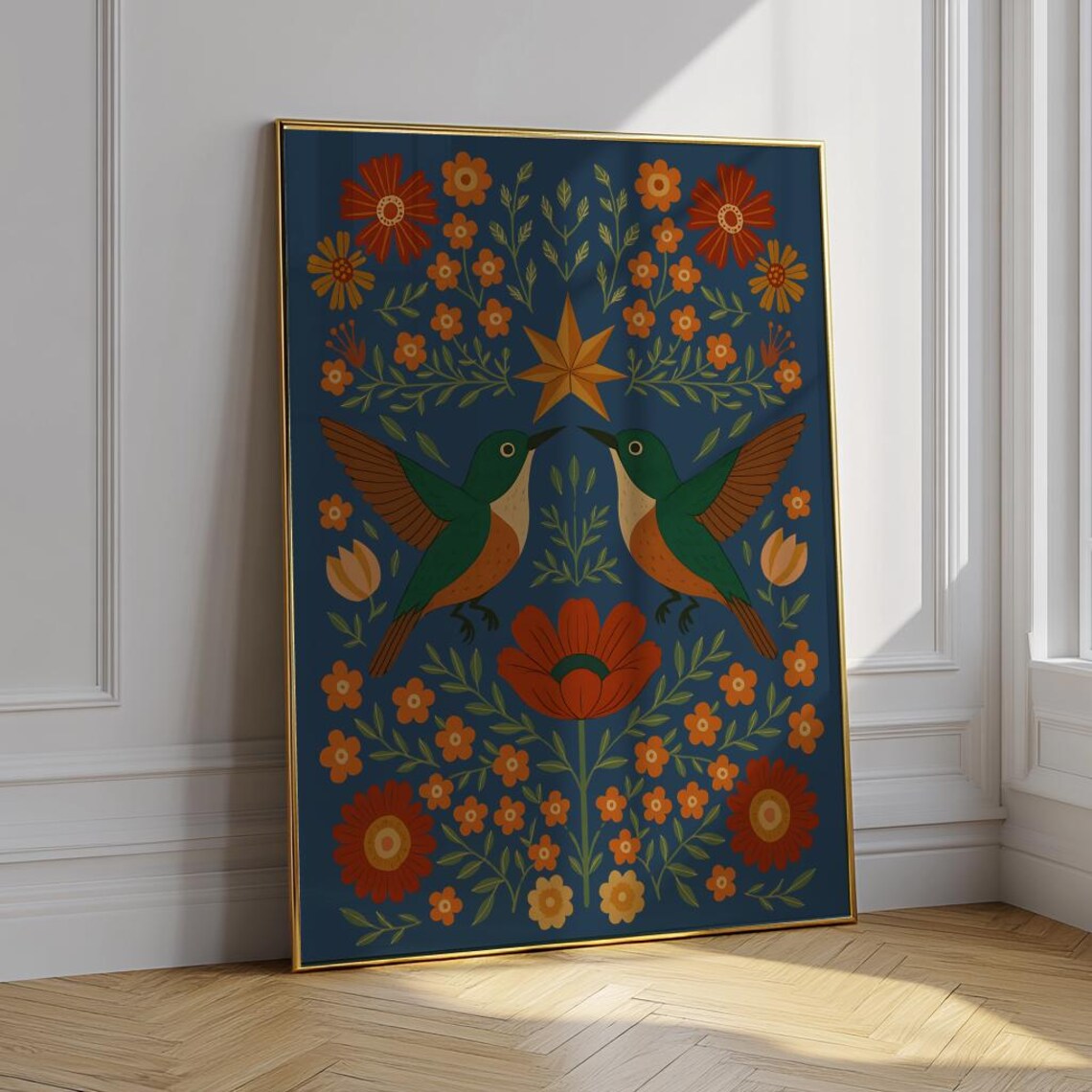 Scandinavian Hummingbird Folk Art Floral Navy Nature Art Poster - Image 4