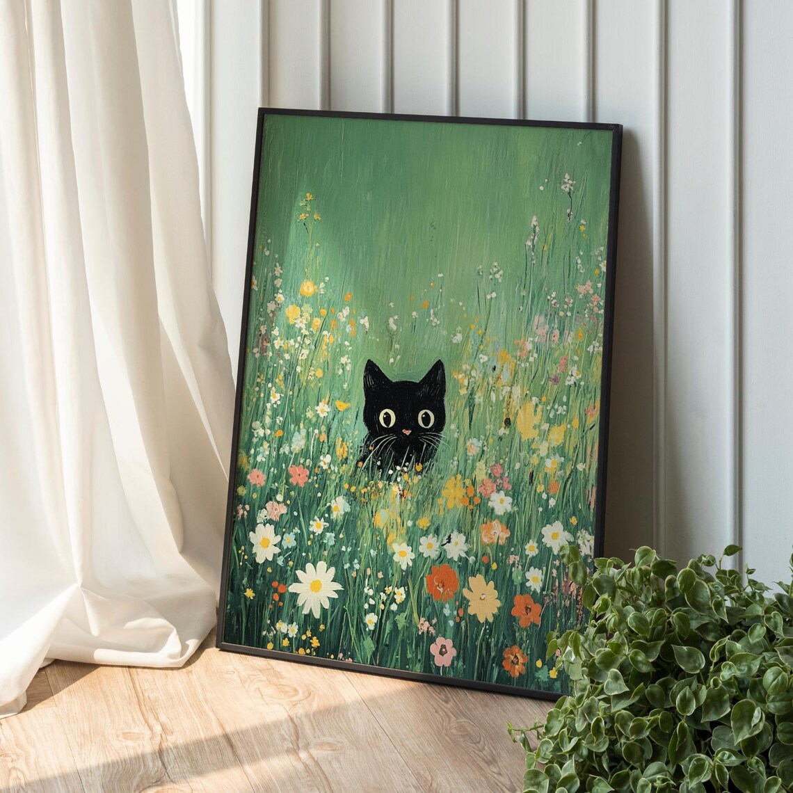 Floral Black Cat Wildflowers Maximalist Art Print - Image 2