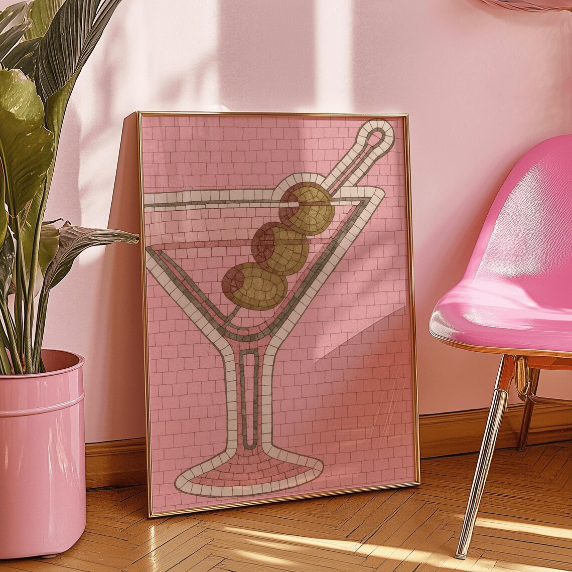 Extra Dirty Martini Olive Mosaic Pink Tile Cocktail Bar Art Poster - Image 2