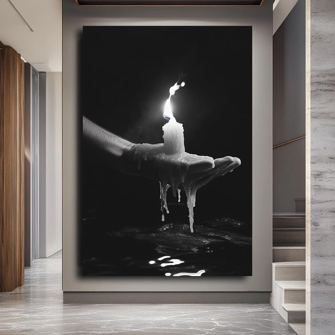 Black And White Hand Holding Melting Candle Dramatic Dark Art Poster - Image 3