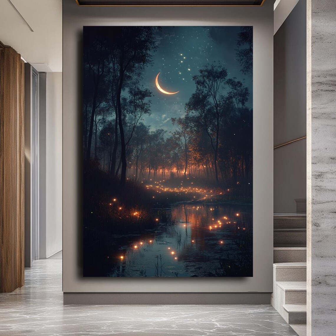 Magical Forest At Night With Crescent Moon Art Dreamy Fireflies And Reflection Wall Decor Mystical Landscape Art Print - Image 3
