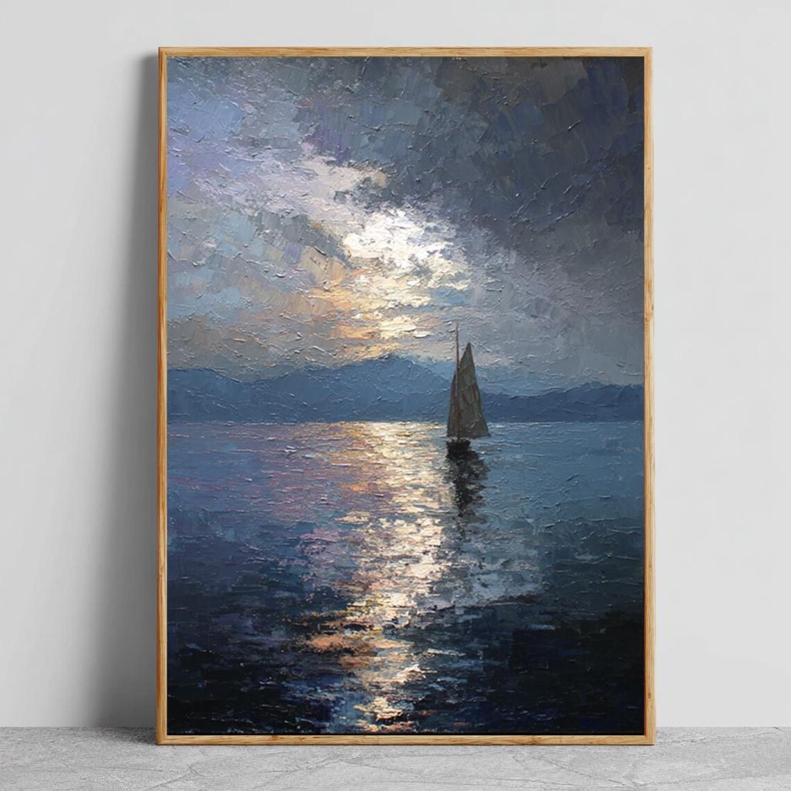 Lone Sailboat Under Moonlight On Dark Waves Impasto Oil Poster