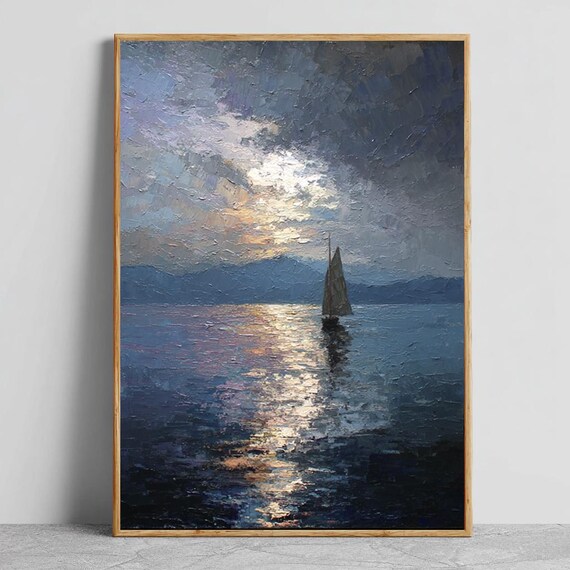 Lone Sailboat Under Moonlight On Dark Waves Impasto Oil Poster