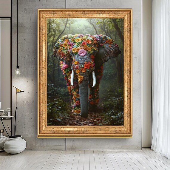 Majestic Elephant Covered In Colorful Flowers Jungle Fantasy Poster