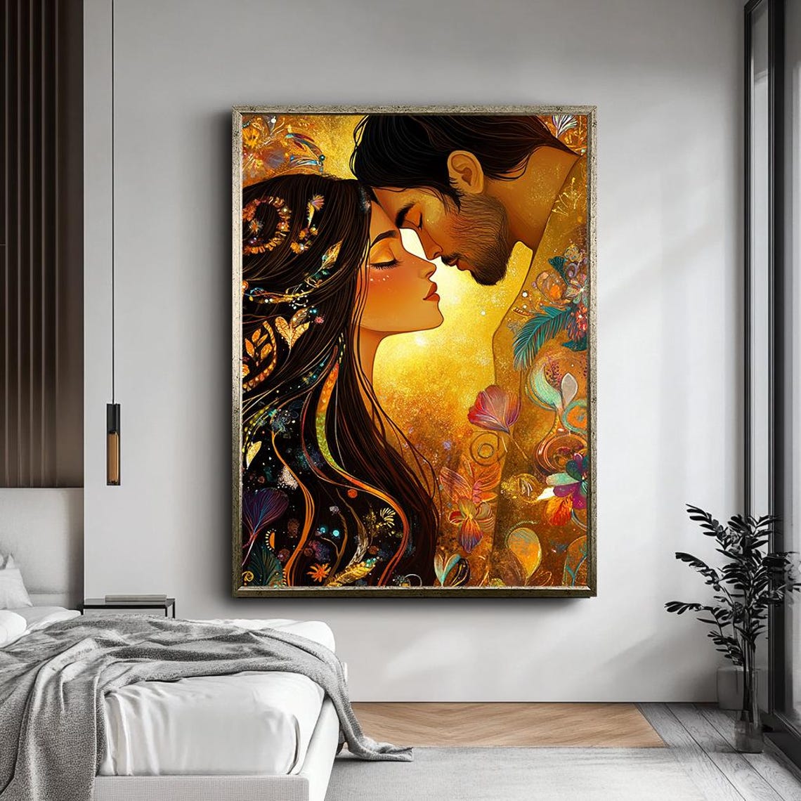 Golden Romantic Couple Tender Embrace Warm Floral Lovers Wall Art - Image 5