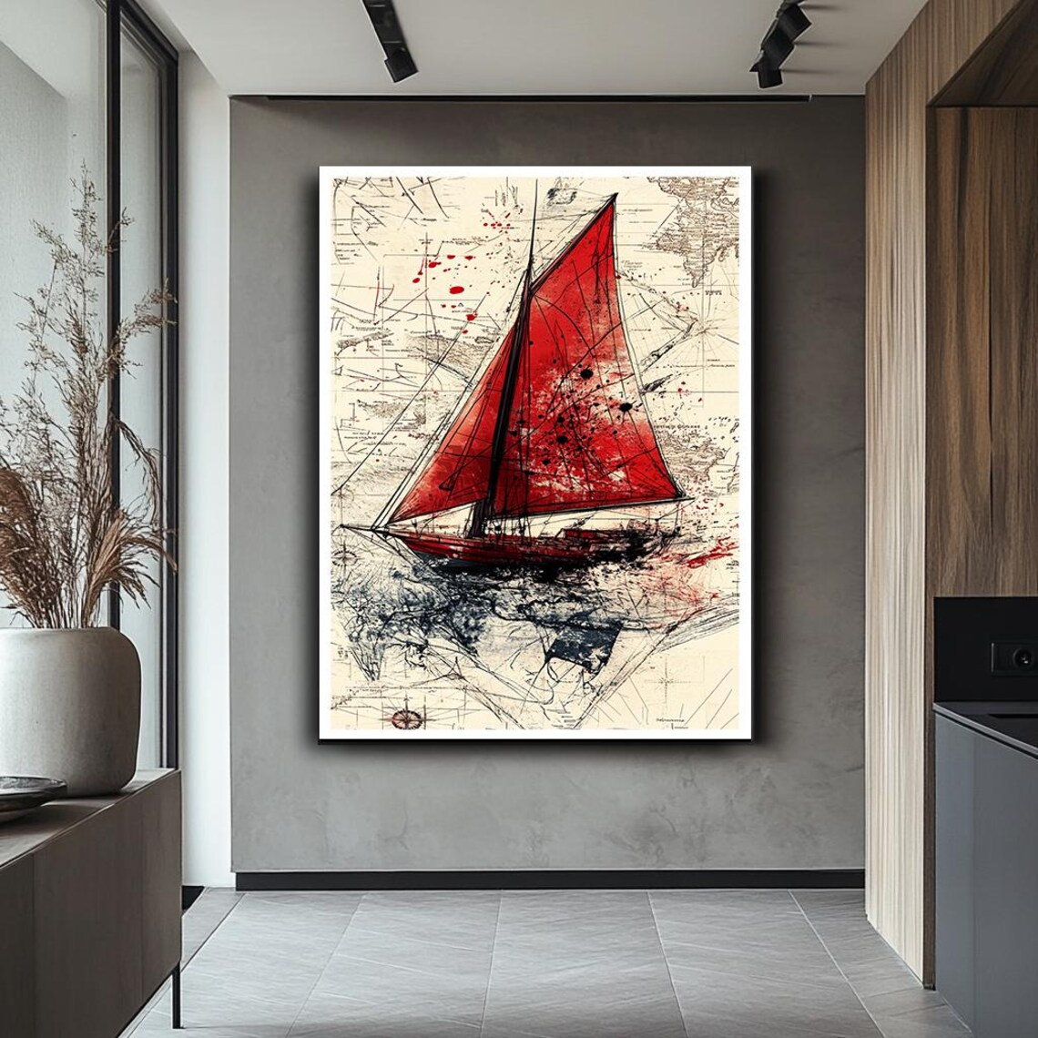 Sailboat Art Abstract Sailboat Print Nautical Wall Art With Red Sail Modern Maritime Artwork Nautical Wall Decor - Image 2