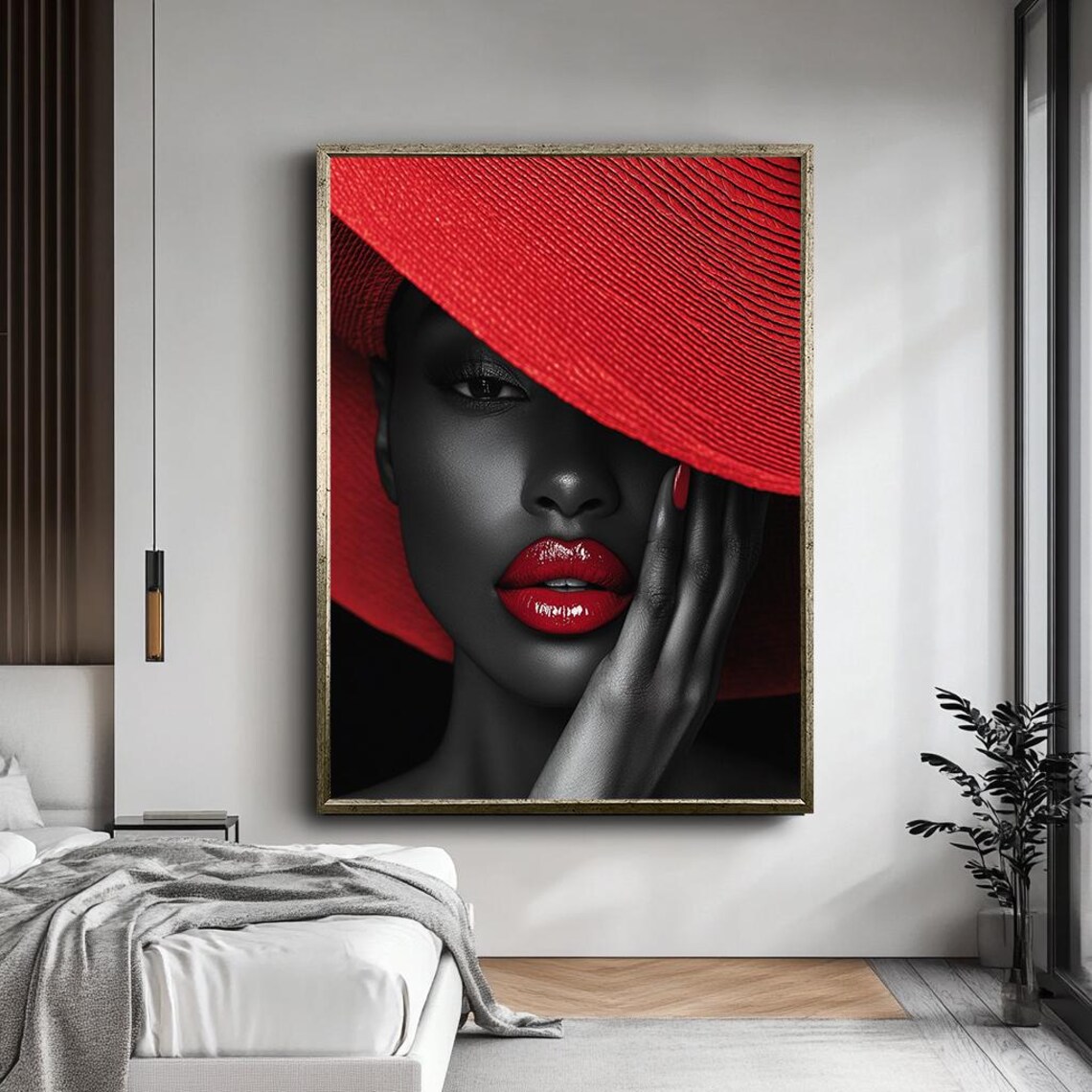 Elegant Black And Red Woman Portrait Wide Brim Hat Fashion Art Print - Image 5