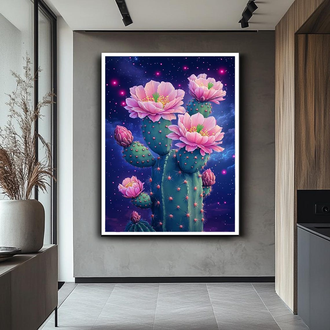 Pink Cactus Flowers Starry Night Cosmic Desert Botanical Wall Art - Image 2