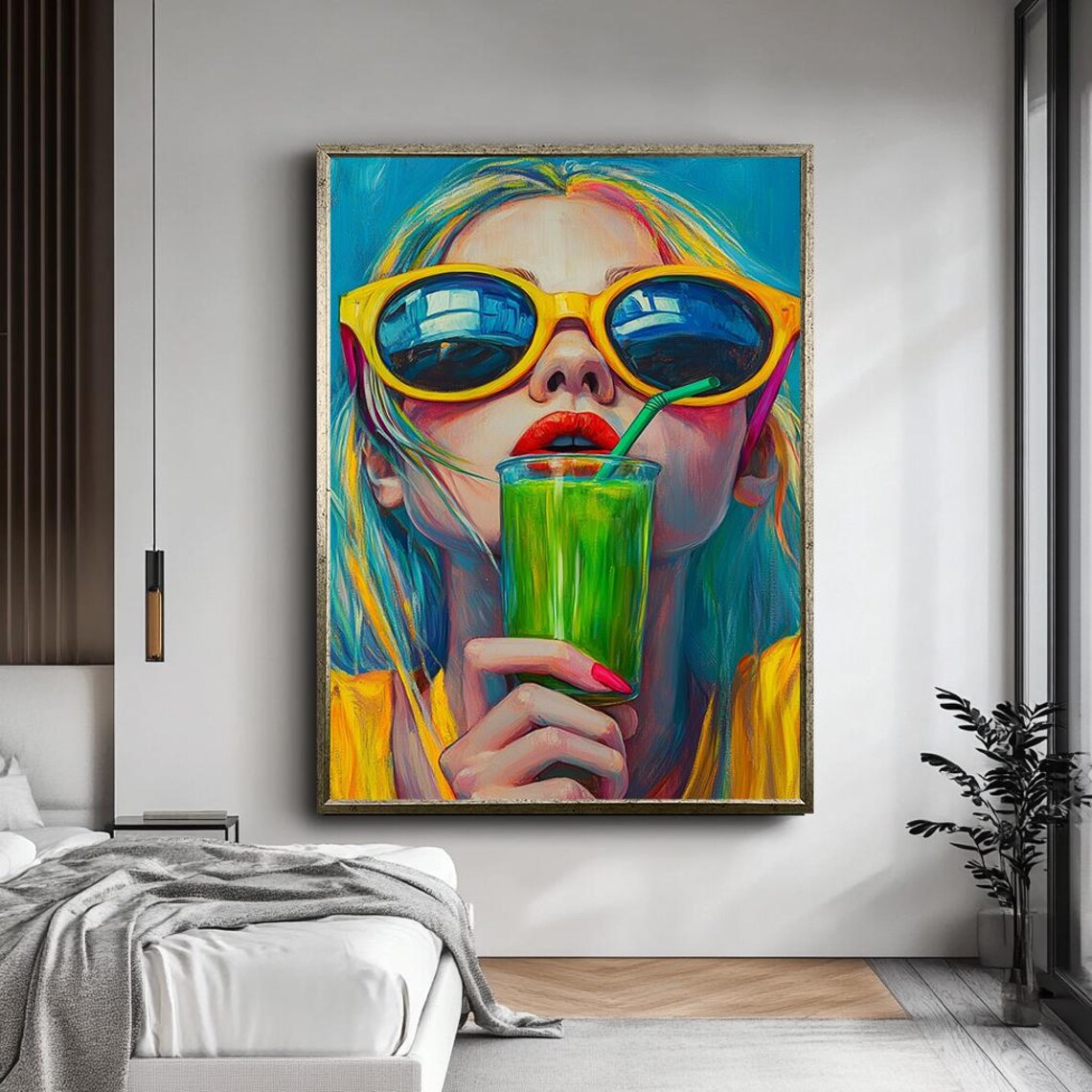 Retro Woman Yellow Sunglasses Green Smoothie Colorful Pop Art Poster - Image 5
