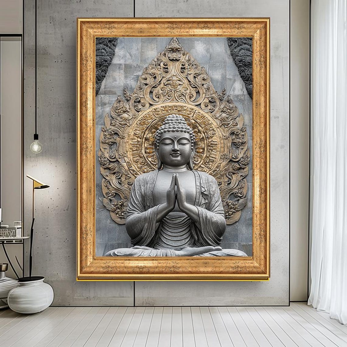 Silver Buddha Praying Hands Ornate Halo Serene Zen Meditation Poster