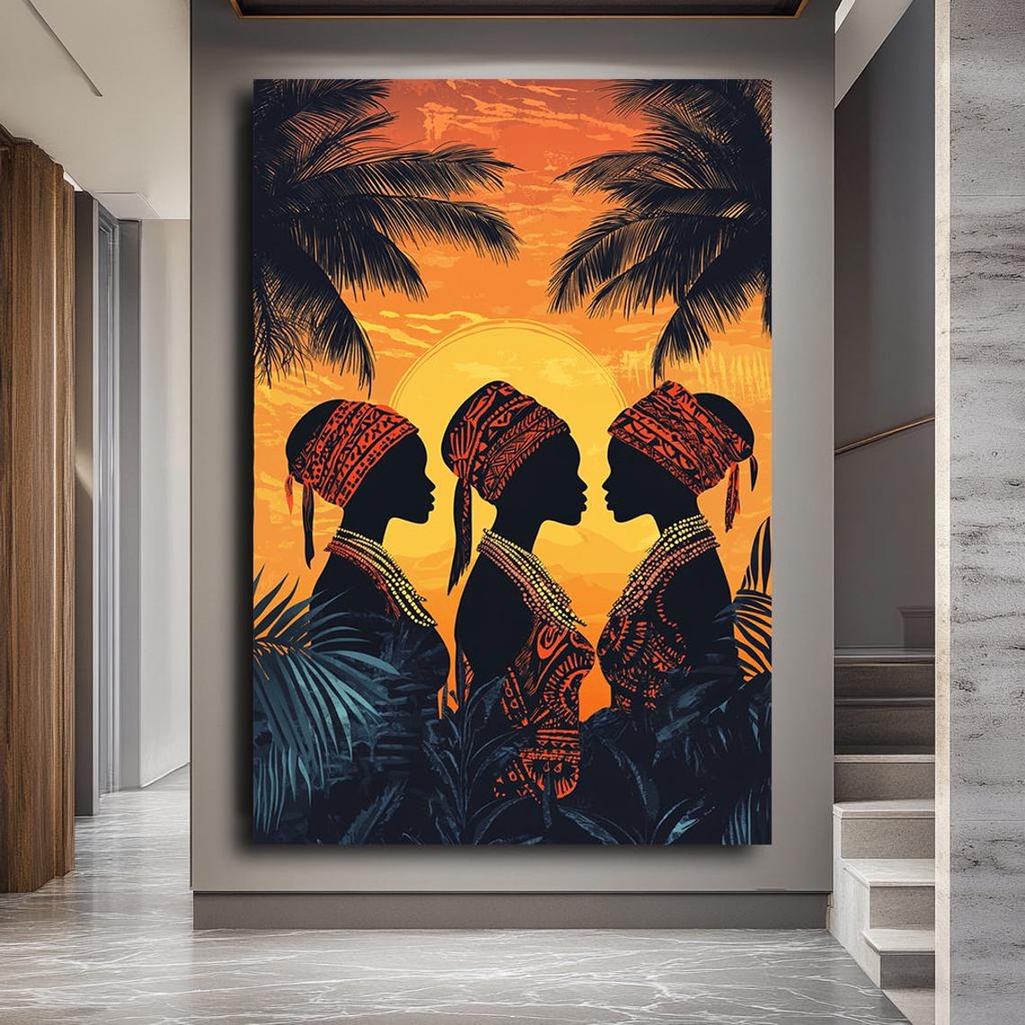 African Women Sunset Silhouette Palm Trees Bold Tribal Wall Art - Image 3