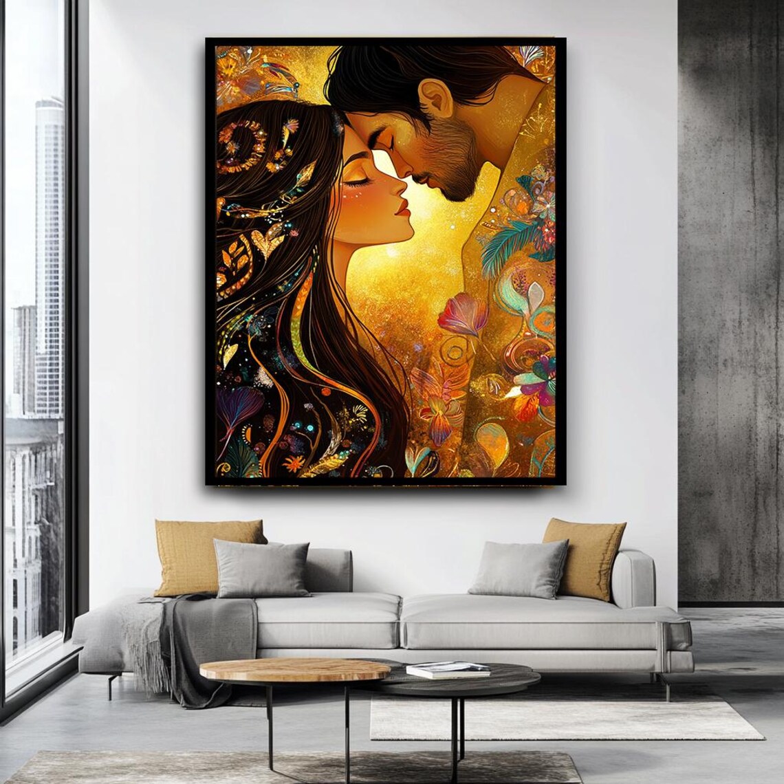 Golden Romantic Couple Tender Embrace Warm Floral Lovers Wall Art - Image 4